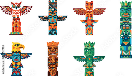 A detailed collection of seven colorful indigenous totem poles featuring traditional animal carvings like eagles, owls, and wolves isolated on a clean white background.