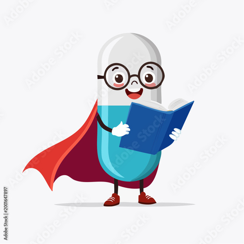 Cartoon Pill Character Reading a Book