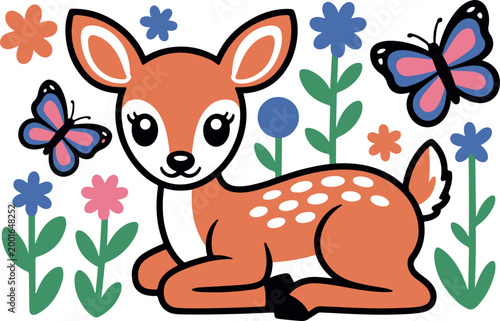 Playful cartoon deer in a floral garden with colorful butterflies and flowers simple flat illustration bold outline.