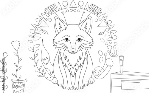 Sitting fox illustration with ornate circular border, featuring plants, flowers, and decorative elements.