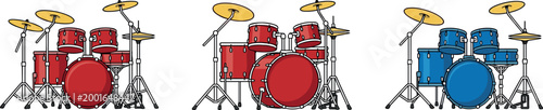 A detailed collection of three professional drum set illustrations in red and blue, featuring bass drums, snares, toms, and brass cymbals on stands, isolated on a white background.
