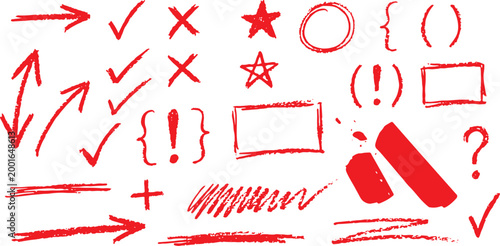 A set of red hand-drawn arrows, checkmarks, and symbols with a grunge texture, perfect for highlighting, editing, and design projects.