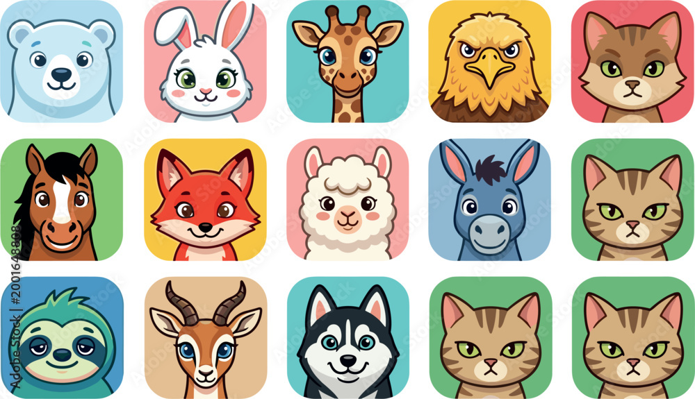 Naklejka premium A diverse collection of fifteen cute cartoon animal avatar icons featuring a polar bear, rabbit, giraffe, eagle, fox, horse, cat, dog, and sloth isolated on white.
