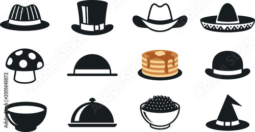 Set of diverse black and white icons featuring hats, bowls, food items, and creative headwear concepts for design use