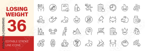 Losing Weight icon set. Editable line icons. Vector illustration.