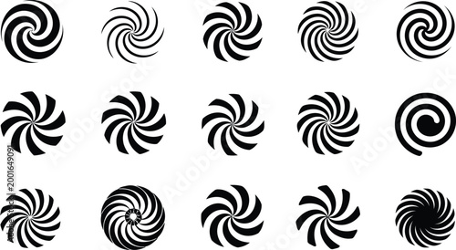 Collection of black and white spiral designs on a white background