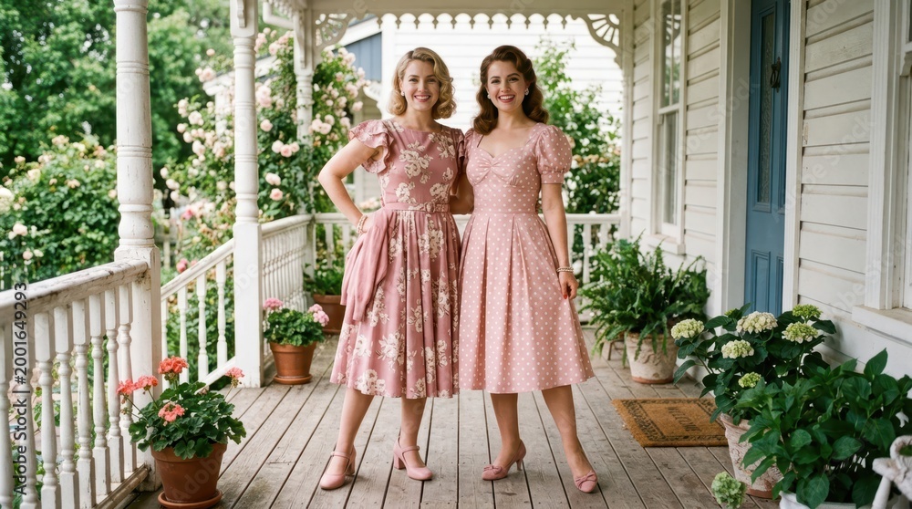 Fototapeta premium Two smiling women in vintage dresses standing on a porch with blooming roses