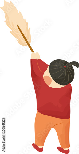 Kid using feather duster