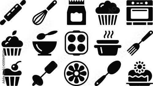 Black silhouette baking icons a collection of culinary tools and treats