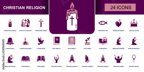 Christian religion icon set. Containing candle, community, cross, fish, heart, altar, bell, church, dove, bible, hymn, prayer, rosary, praying hands and more. Solid fill vector icons.