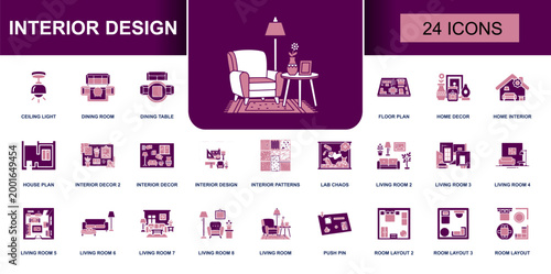 Interior design icon set. Containing ceiling light, dining room, table, floor plan, home decor, interior, house plan, living room, layout, push pin and more. Solid fill vector icons.