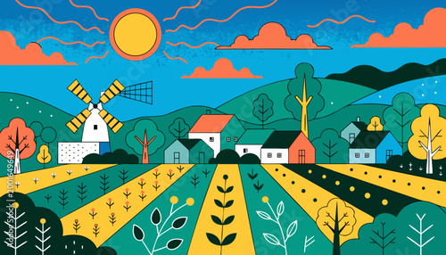 Vibrant sunrise over agricultural land with farmhouses and windmill