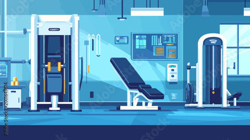 Stylized digital illustration of an empty gym with modern exercise equipment, rendered in cool blue hues