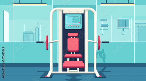 Simplified illustration of a gym with weight machine. Clean, minimalist graphic style