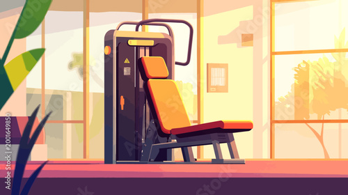 Pixelated artwork of a gym with exercise equipment bathed in sunlight from a large window