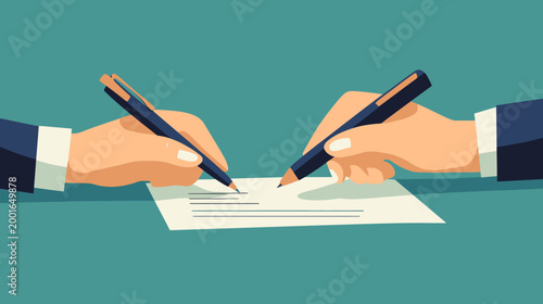 Illustration of two hands signing a document with pens, representing agreement or contract