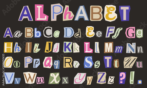 Alphabet collage paper in scrapbook style. Playful letters for creating collages.