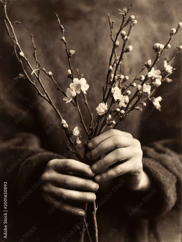 Fototapeta premium Hands cradling delicate blooming branches in a spring celebration for Beltane festival