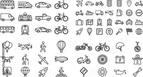 Large Set of Linear Transportation Vector Icons Featuring Modern Vehicles Traffic Signs and Travel Infrastructure for Professional Graphic Design Projects