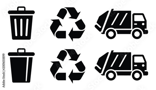 Vector, waste management icons set featuring trash bins, recycling symbols, garbage trucks, and environment protection graphics, modern flat collection for sustainability, ecology awareness, and 