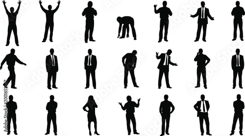 Professional business people silhouettes set, corporate men and women in suits, diverse expressive poses, celebrating, standing, bending, isolated vector collection, formal.
