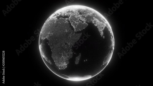 Digital white dotted planet earth loop animation isolated on a black background. Rotating stylized world globe with square particles. Big data technology, business, communication, or digital concept
