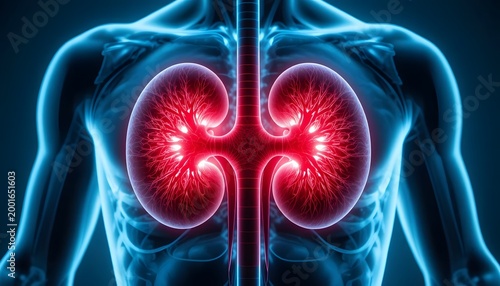 3d human kidneys glowing with red light in medical scan