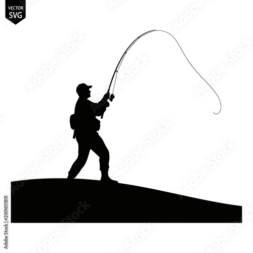 Silhouette of a fisherman casting a line, on a hill, white background, vector art