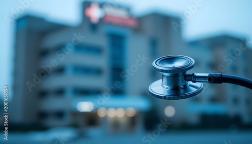 Stethoscope on table with blurred medical background