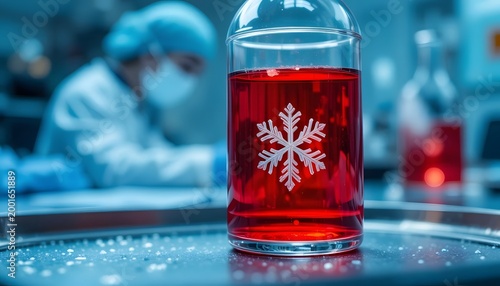 Red cocktail glass with snowflake design on reflective surface