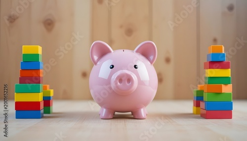 Pink piggy bank standing between colorful building blocks