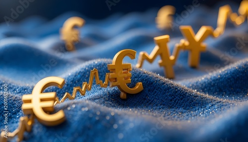 Gold euro symbol with stars on blue reflective surface