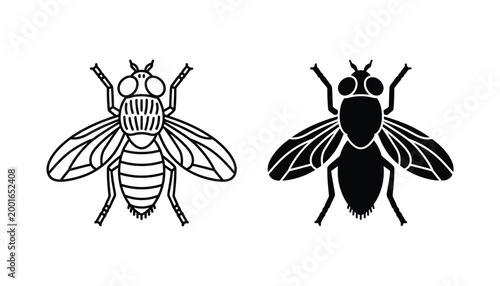 Minimalist housefly insect vector illustration showing detailed outline and solid black silhouette versions for pest control branding or entomology study