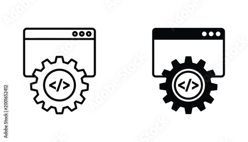 Web development icon set with browser window and gear gear mechanism in black and white line art vector style for software engineering and coding services