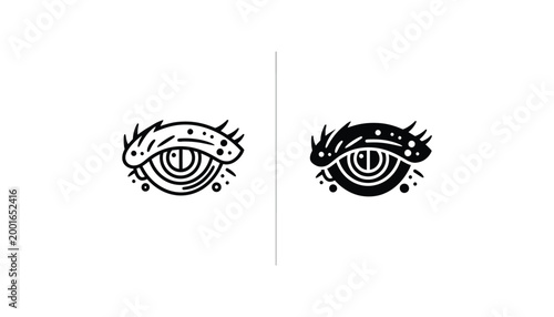 Abstract eye icon set with artistic details in black and white line art vector style for creative and symbolic design projects