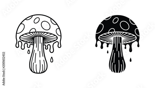 Mushroom icon set with melting design and spots in black and white line art vector style for fun organic and whimsical branding