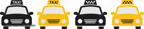 Εκτύπωση καμβά Four different taxi cars in black and yellow isolated on white background, Vecto