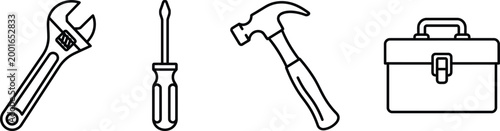 Set of black line icons with tools and toolbox isolated on white background, Vector