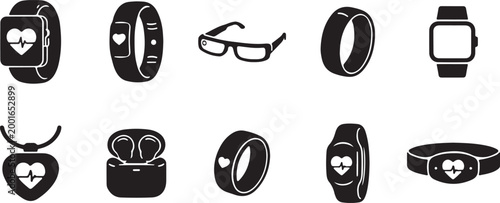Vector graphic illustration of various wearable heart rate monitoring devices and smart accessories