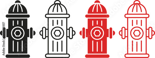Four fire hydrant icons in black, gray, red, and pink colors isolated on white background, Vector