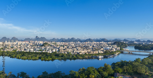 Morning Panorama of Guilin City with Li River and Karst Mountains