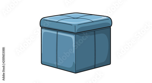 Blue upholstered cube ottoman with tufted top, isolated on white background