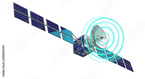 Satellite in space with solar panels.