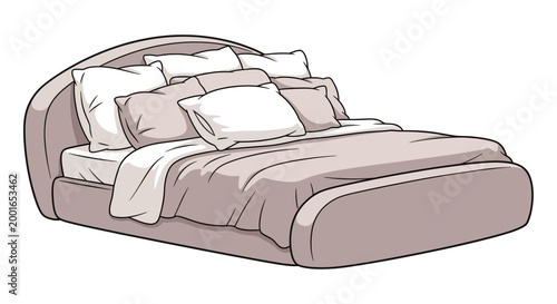 Modern upholstered bed with multiple pillows and bedding