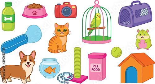 A vibrant collection of colorful cartoon pet illustrations including a dog, cat, bird, hamster, fish, and essential animal care supplies isolated on a white background.