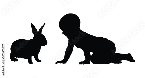 A cute baby crawling while playing with rabbit black silhouette vector illustration.