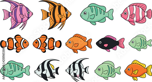 Schilderij op canvas A vibrant collection of fourteen colorful cartoon fish illustrations featuring various tropical reef species like clownfish and angelfish with playful patterns isolated on white