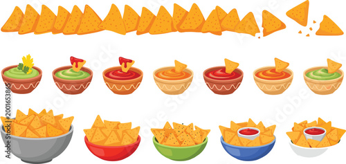 Large set of crispy mexican nachos tortilla chips in bowls with various colorful dipping sauces and borders isolated on white background vector illustration