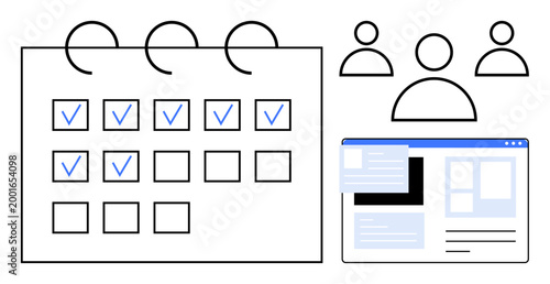 Task scheduling, project planning, team collaboration, workflow efficiency, online tools, productivity tools. Calendar with marked dates, group of people and desktop interface. Task scheduling