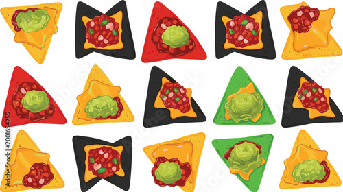 Set of colorful mexican nachos tortilla chips topped with salsa guacamole and cheese sauce in various colors isolated on white background vector illustration